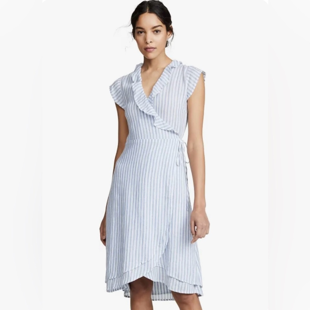Rails Blue and White Striped Ruffle Wrap Midi Dress
